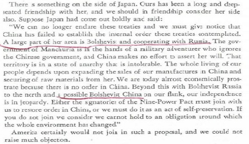 TPresident Herbert Hoover gave Japan a free hand in the invasion of Manchuria on the pretext that Japan could not tolerate a half-Bolshevik China